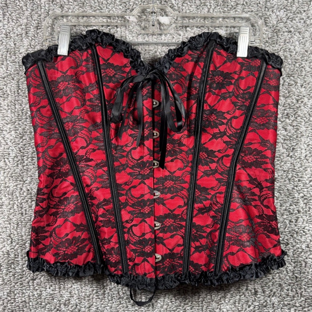 Corset Top Red Black Overbust Lace Floral Ruffle Bustier Sexy Lingerie Womens XL